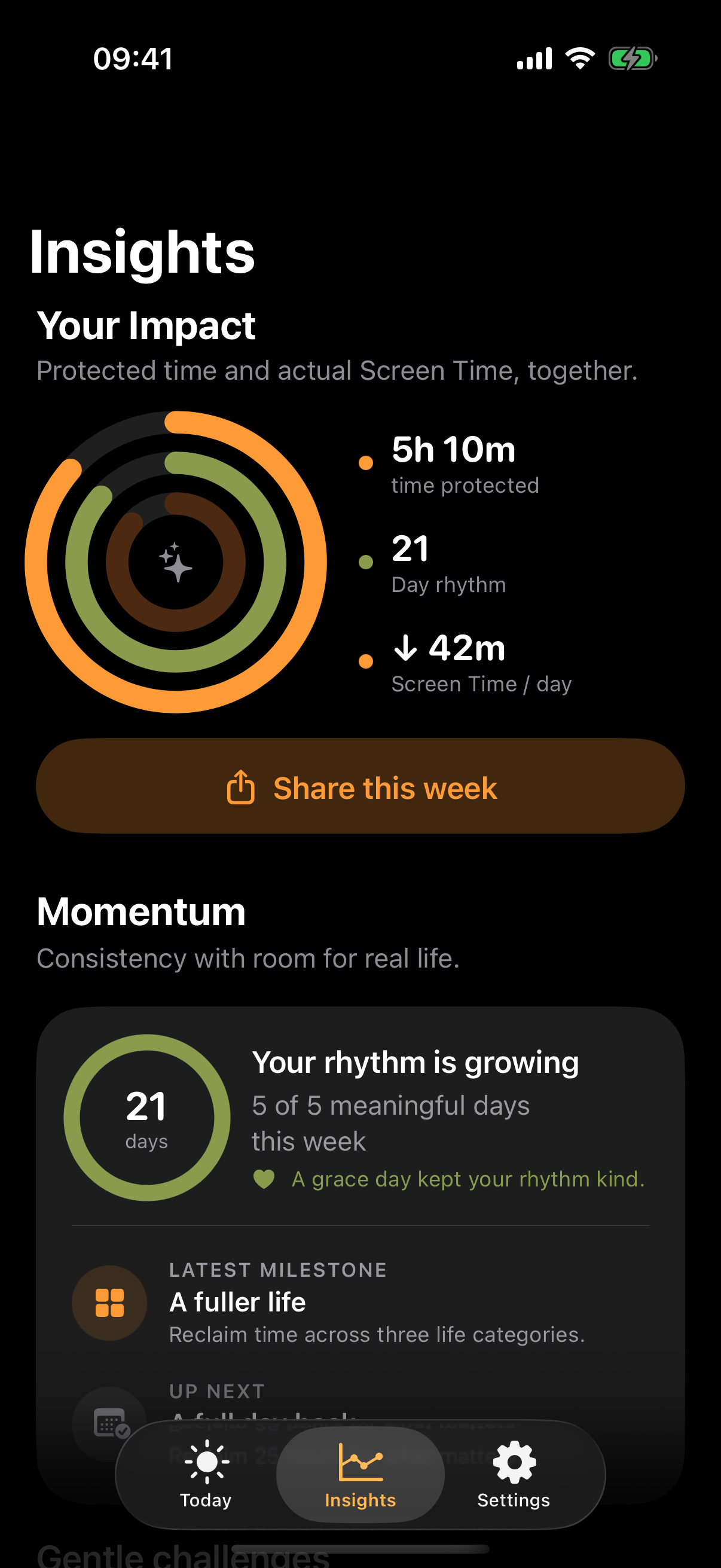 Reclaim Insights showing protected time, Screen Time reduction, and rhythm