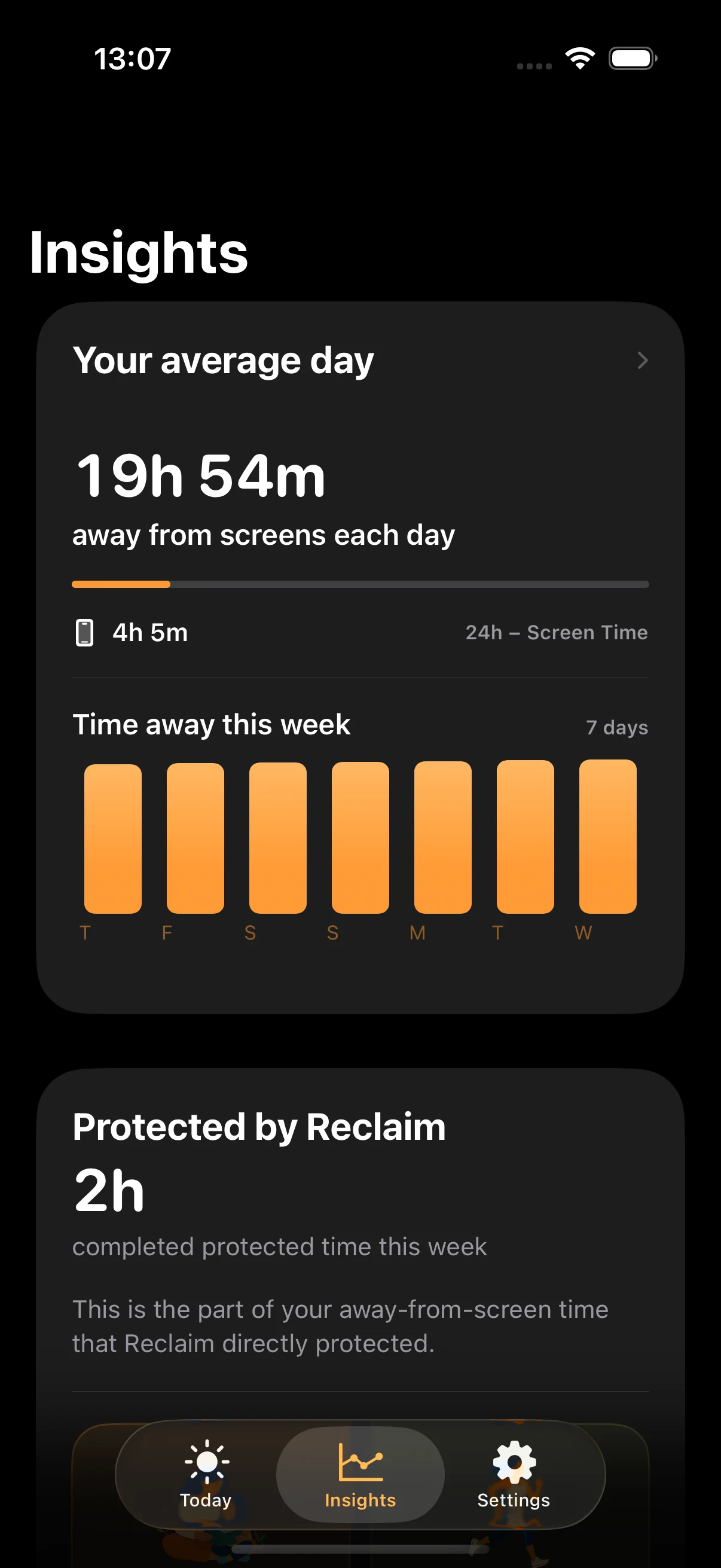 Reclaim Insights showing daily balance and protected time by category
