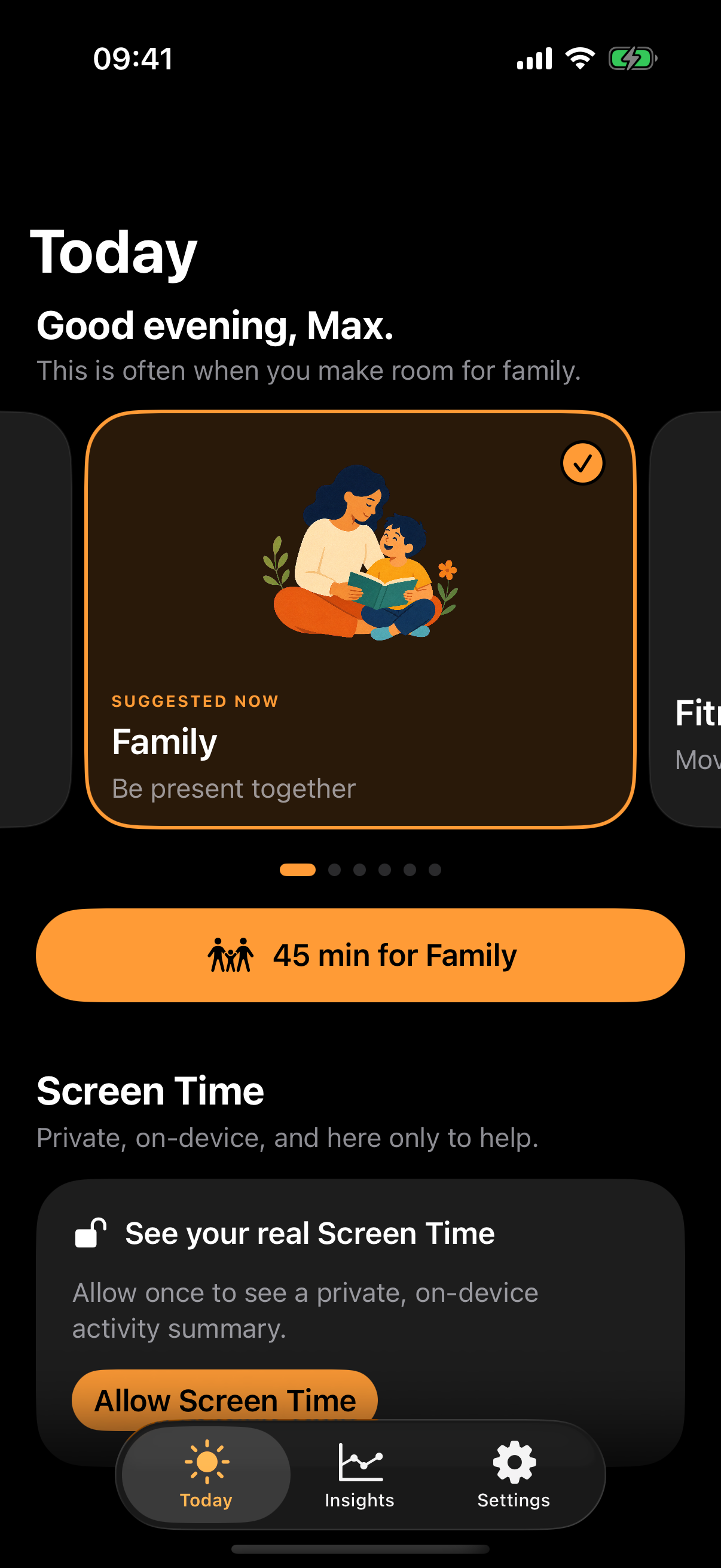 Reclaim Today screen with a Family focus category selected
