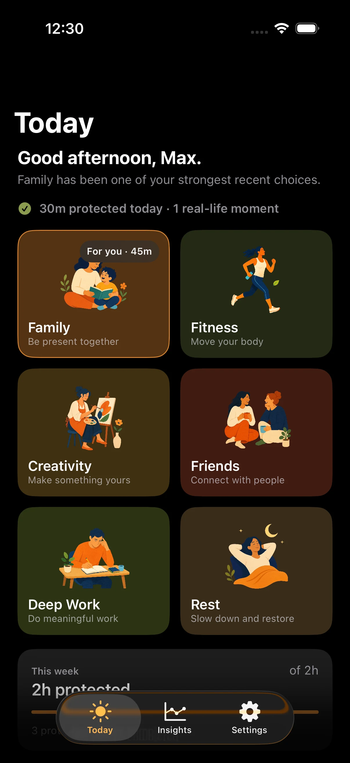 Reclaim Today screen with six illustrated categories
